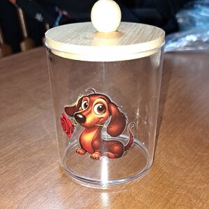 Clear Plastic Jar with Dachshund Design and Wooden Lid
